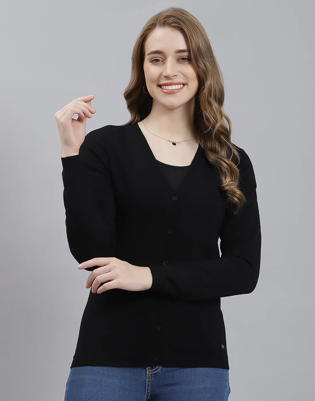 Women Black Solid V Neck Full Sleeve Cardigan - Image 2