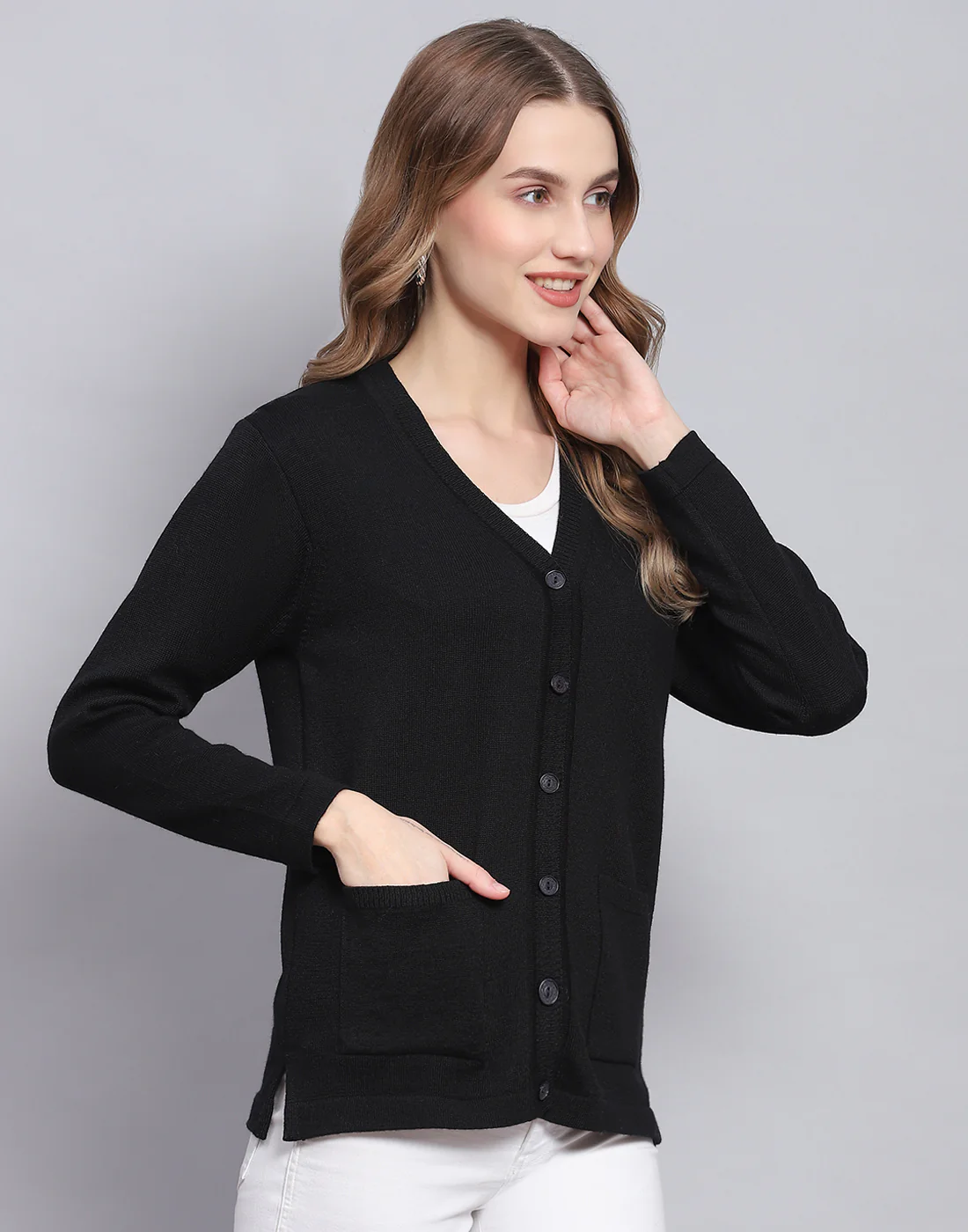 Women Black Solid V Neck Full Sleeve Cardigan - Image 4