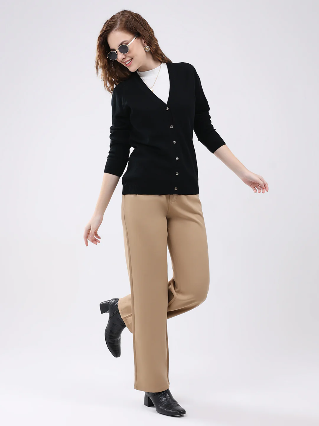Women Black Solid V Neck Full Sleeve Cardigan - Image 2