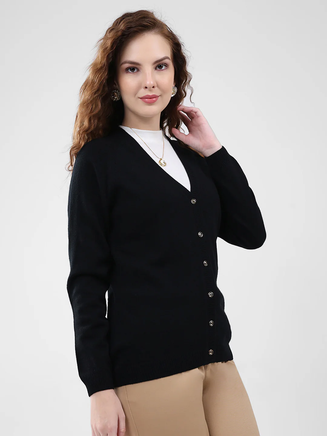 Women Black Solid V Neck Full Sleeve Cardigan - Image 4