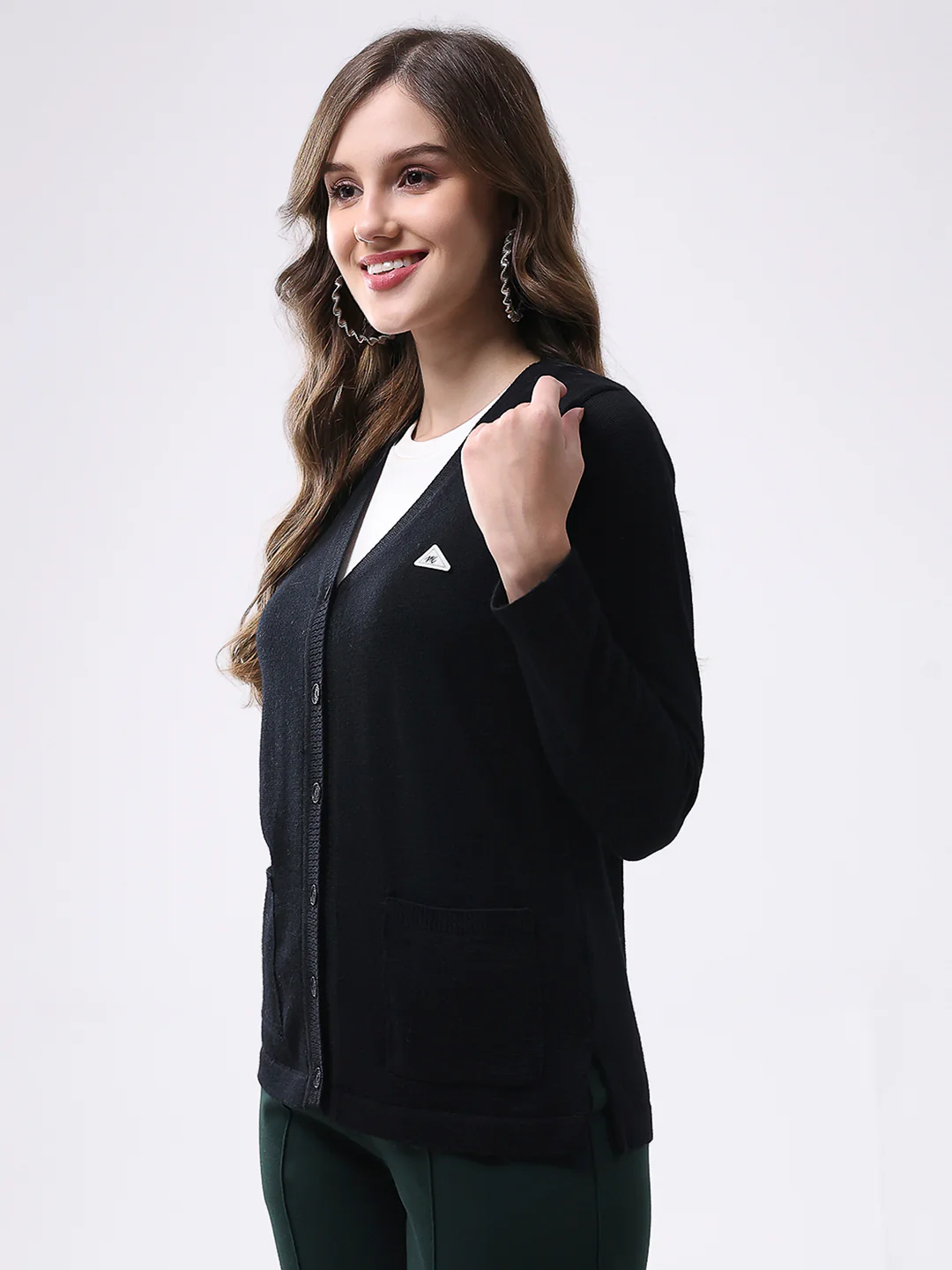 Women Black Solid V Neck Full Sleeve Cardigan - Image 3