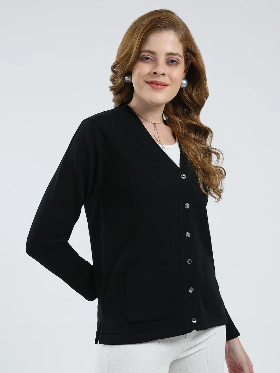 Women Black Solid V Neck Full Sleeve Cardigan - Image 4