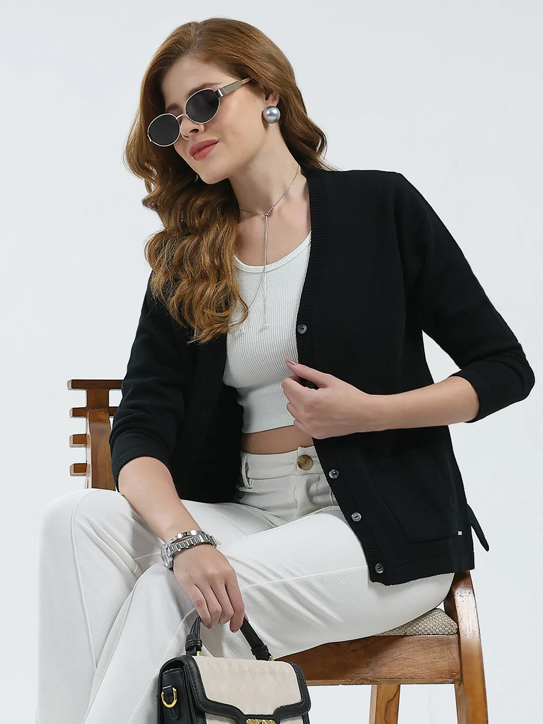 Women Black Solid V Neck Full Sleeve Cardigan - Image 6