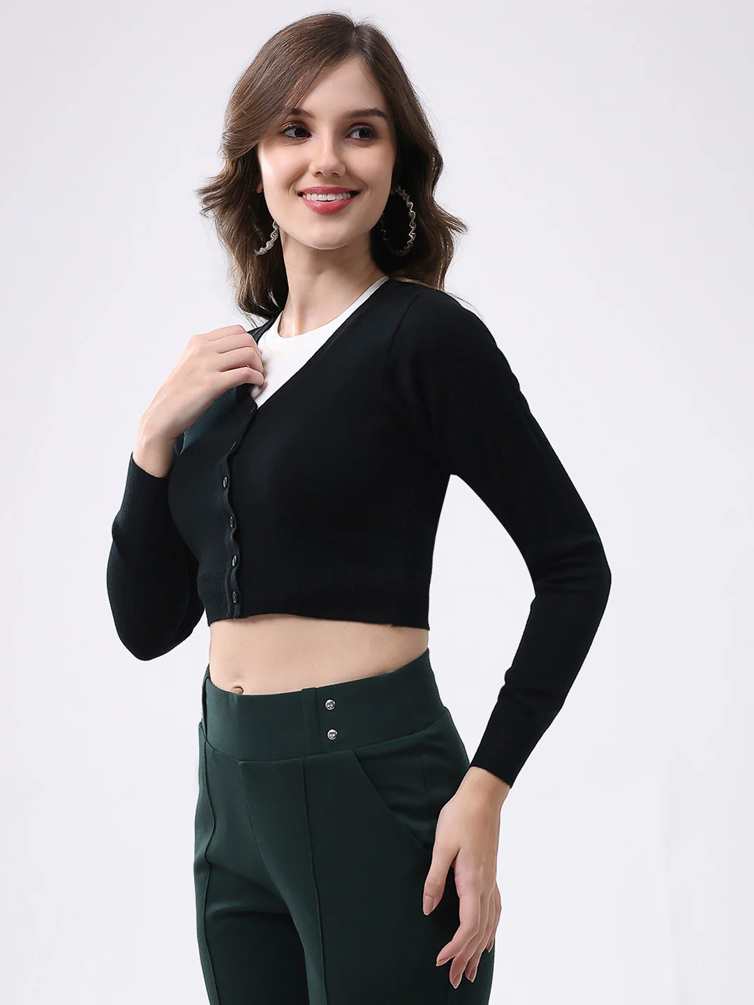 Women Black Solid V Neck Full Sleeve Cardigan - Image 3