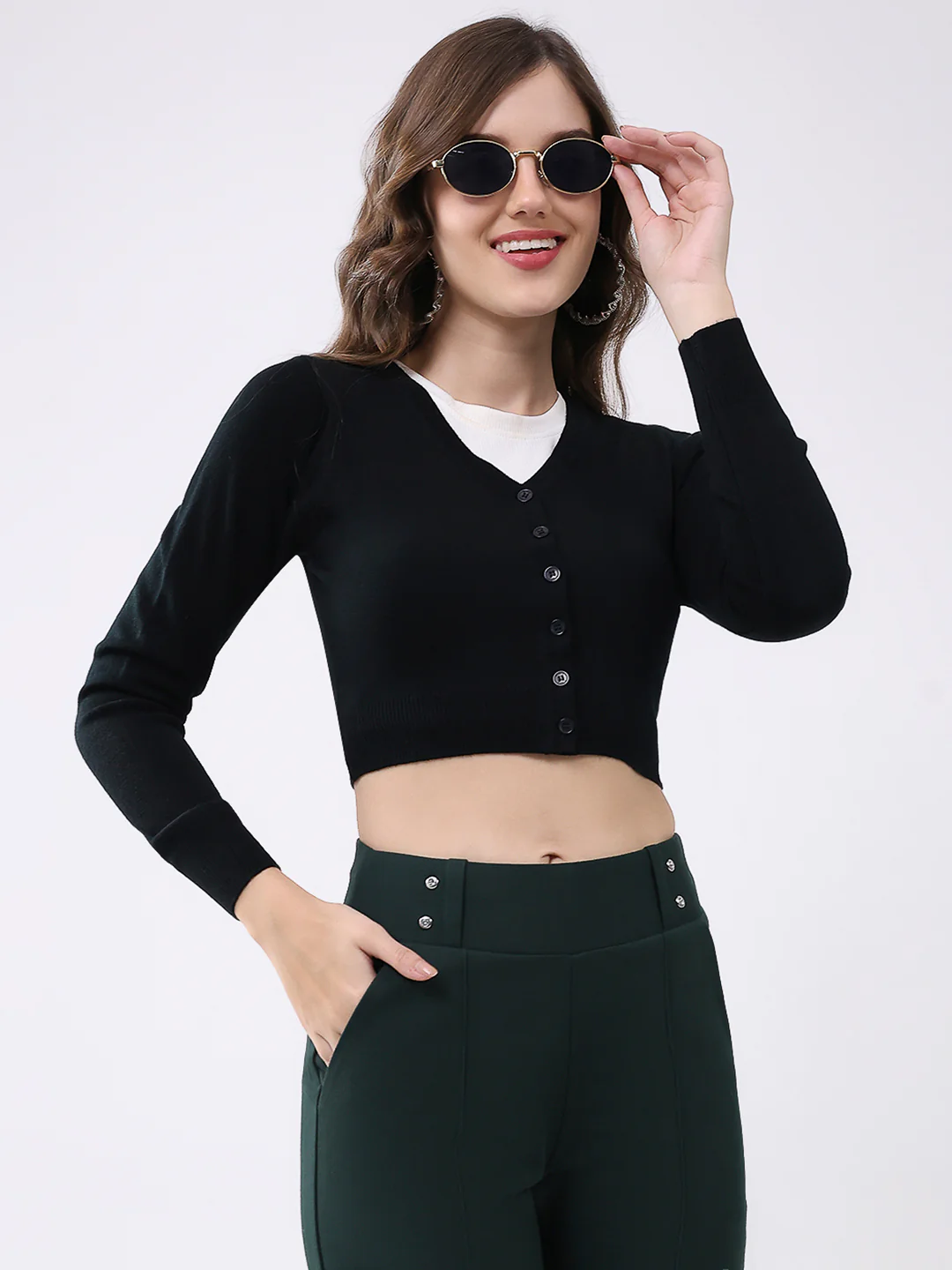 Women Black Solid V Neck Full Sleeve Cardigan - Image 6