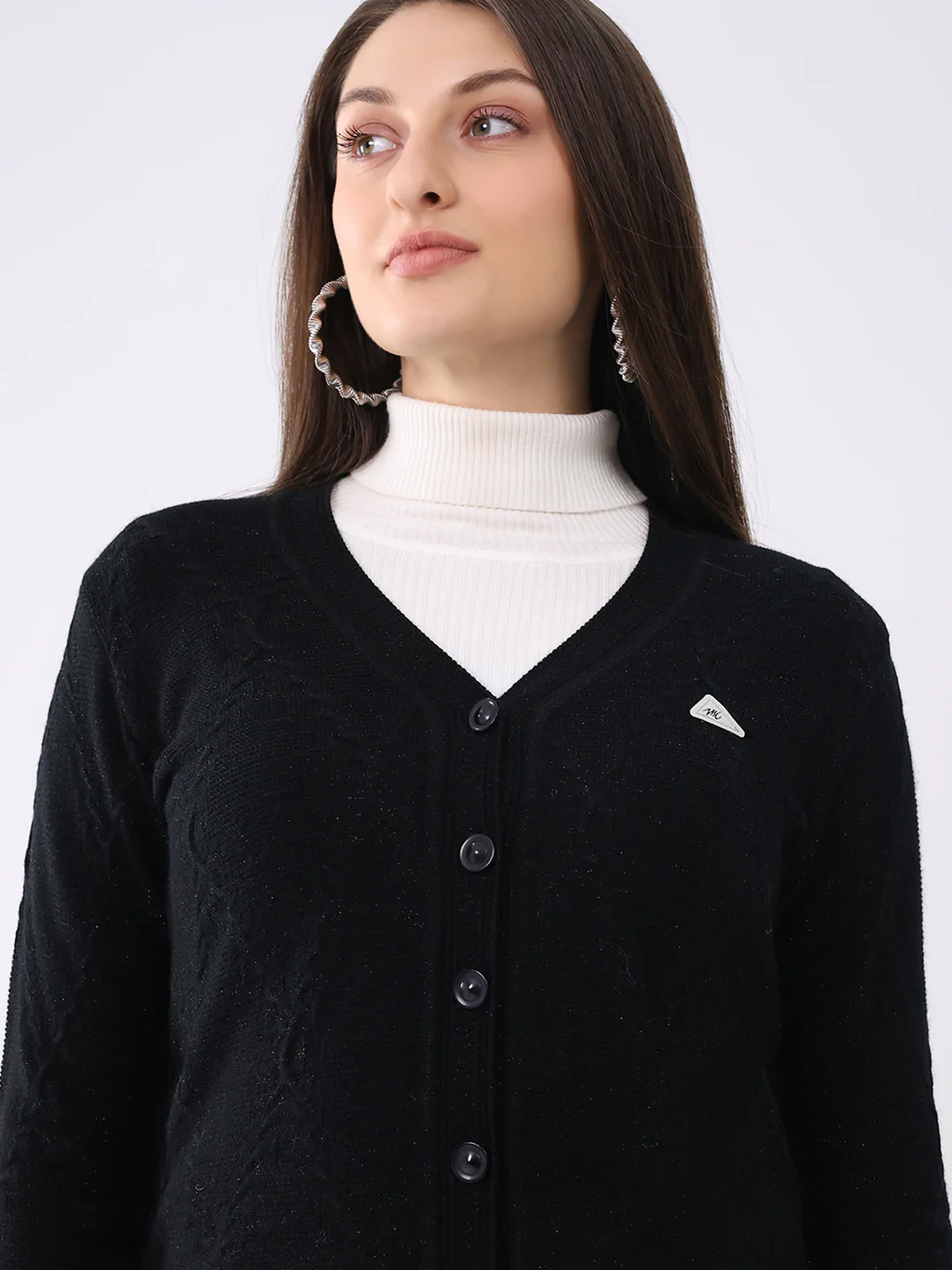 Women Black Solid V Neck Full Sleeve Cardigan - Image 7