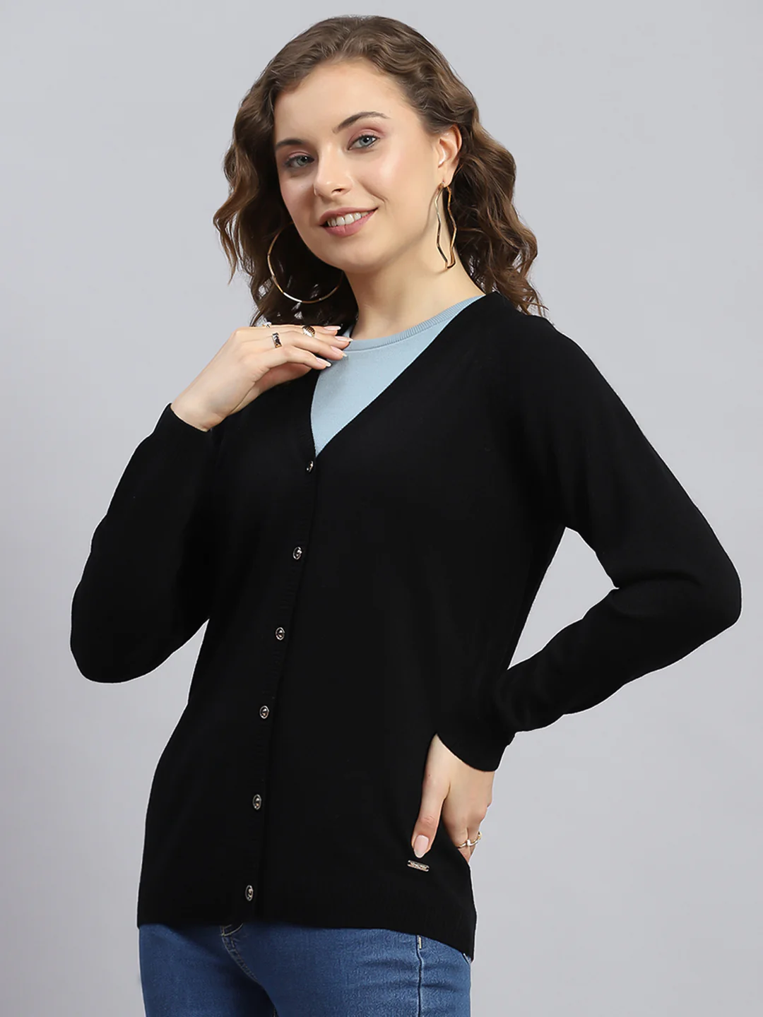 Women Black Solid V Neck Full Sleeve Cardigans - Image 3