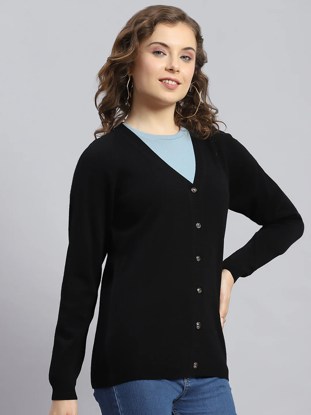 Women Black Solid V Neck Full Sleeve Cardigans - Image 4