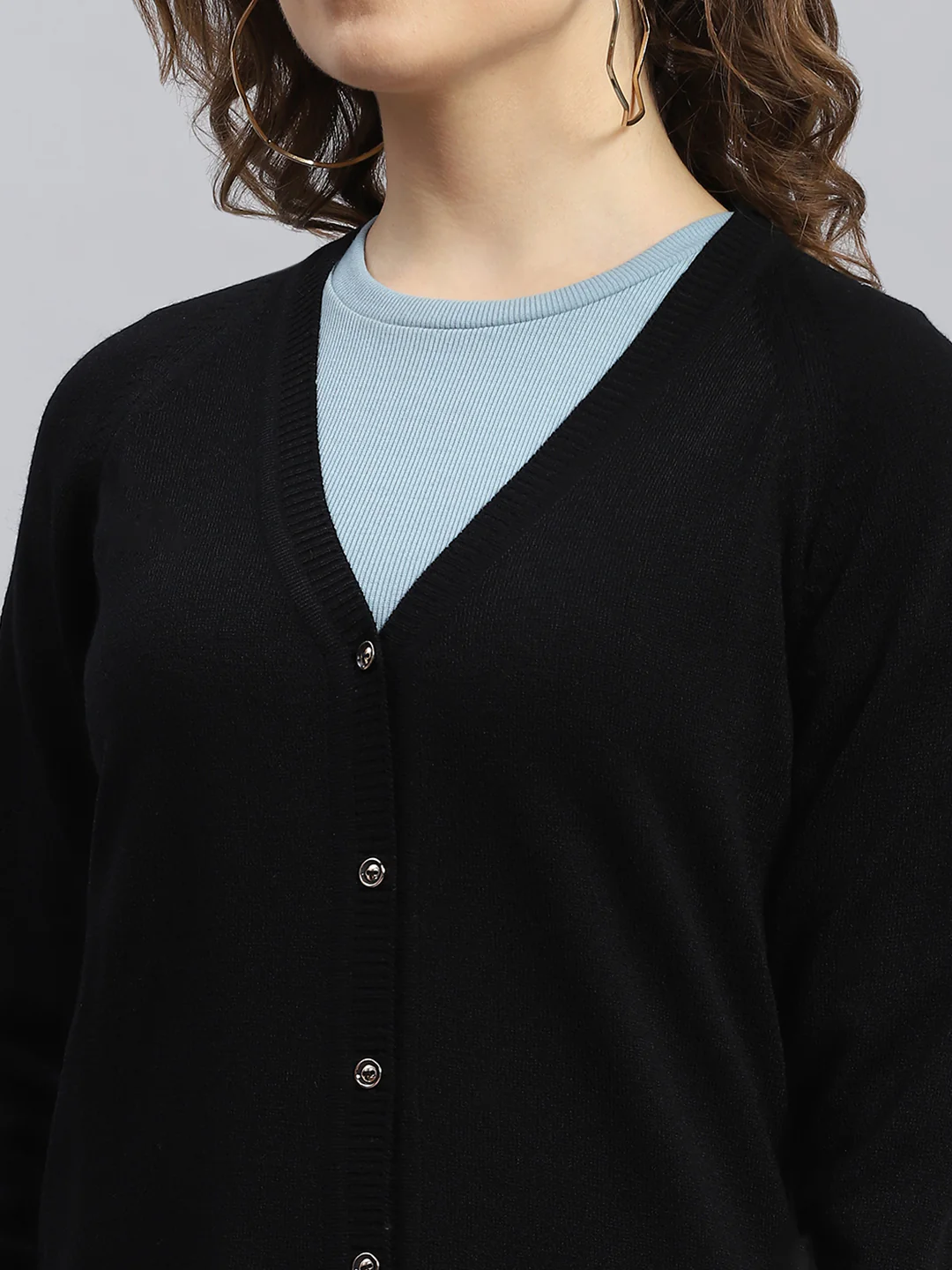 Women Black Solid V Neck Full Sleeve Cardigans - Image 6