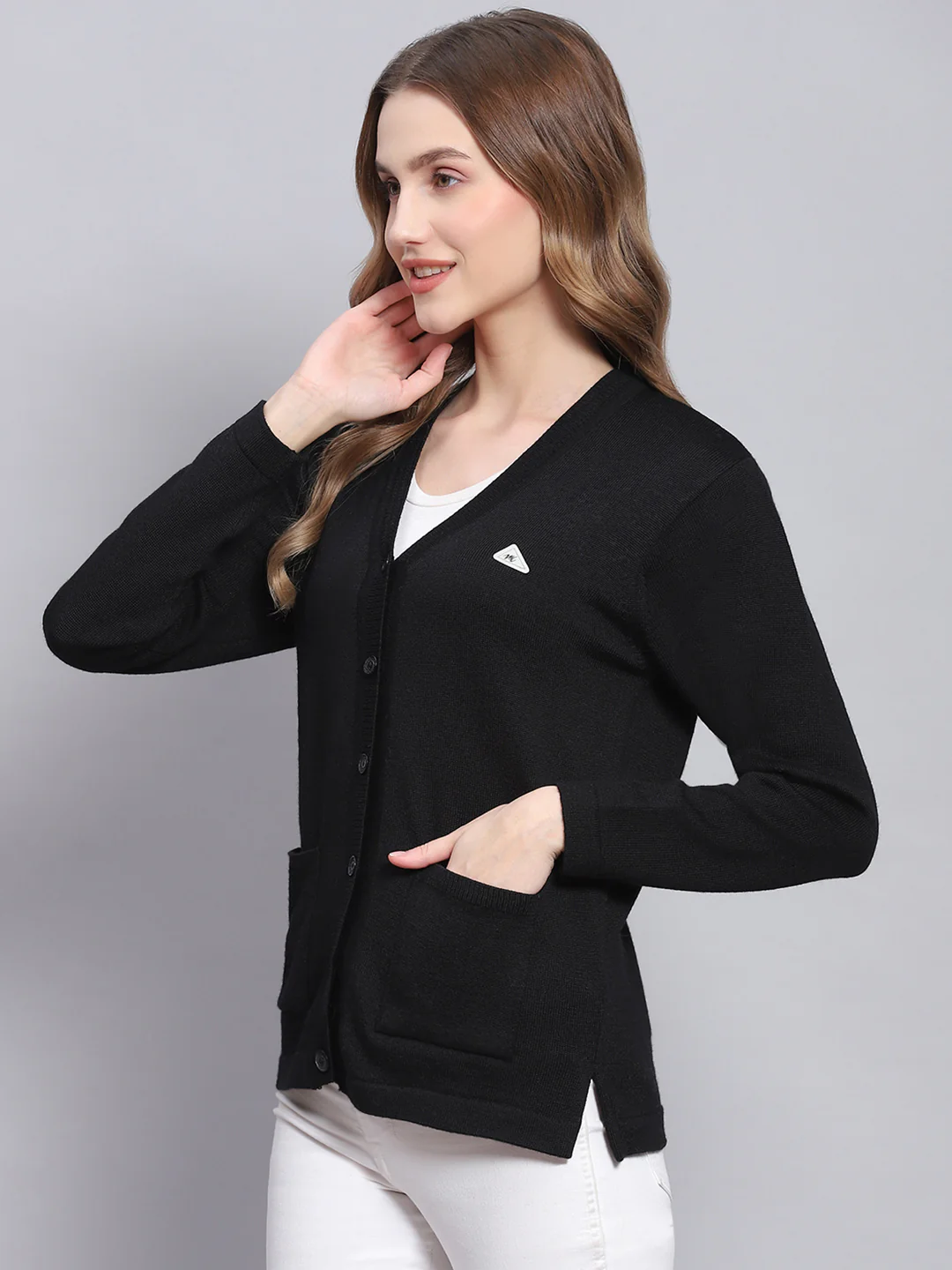 Women Black Solid V Neck Full Sleeve Cardigans - Image 3