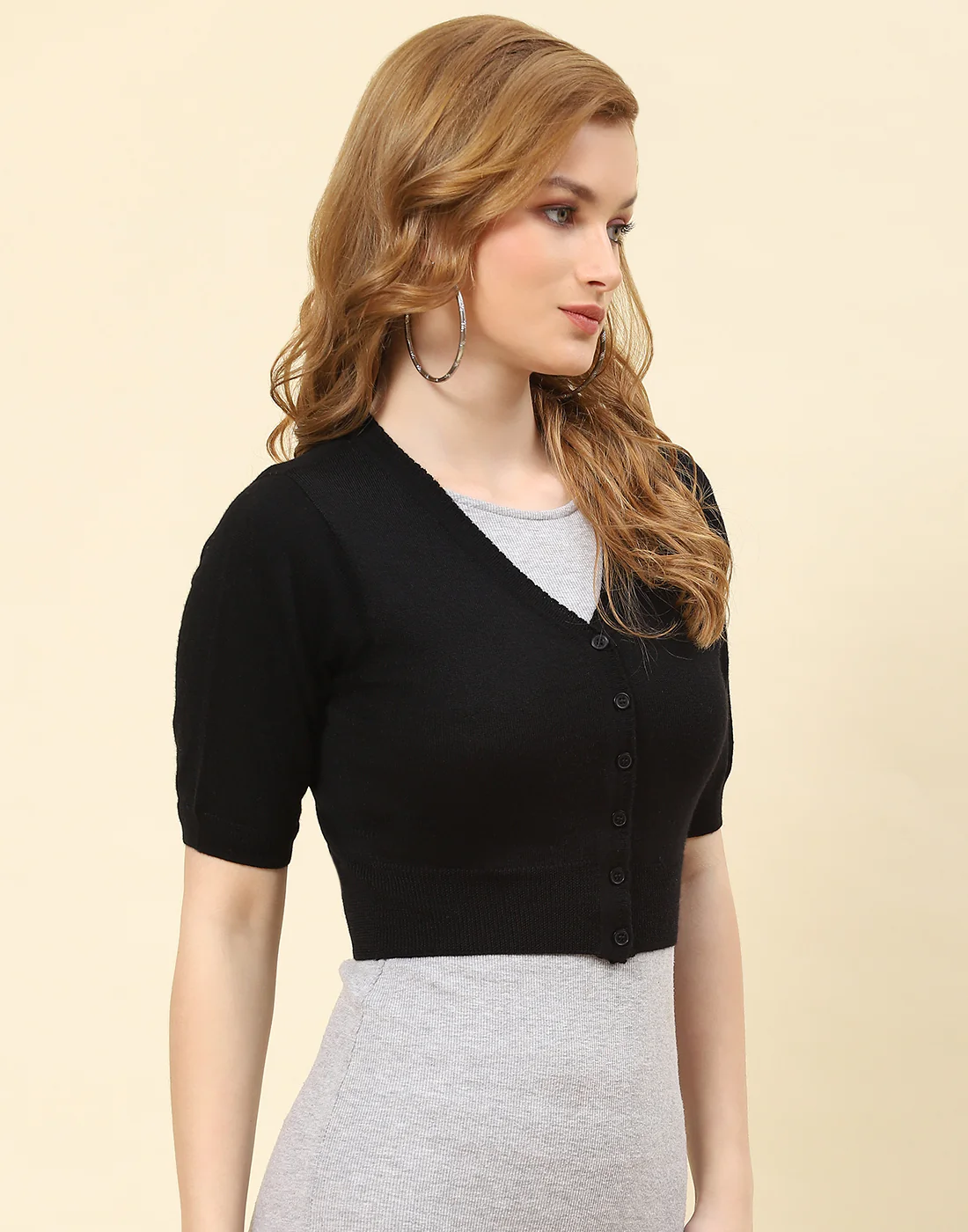 Women Black Solid V Neck Half Sleeve Blouse - Image 4