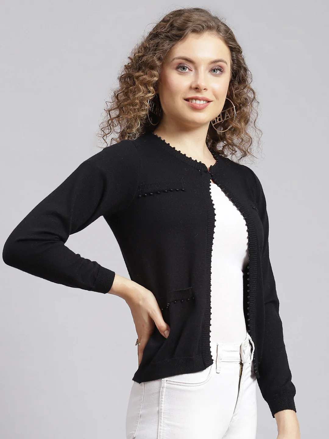 Women Black Solid Wool blend Cardigan - Image 3