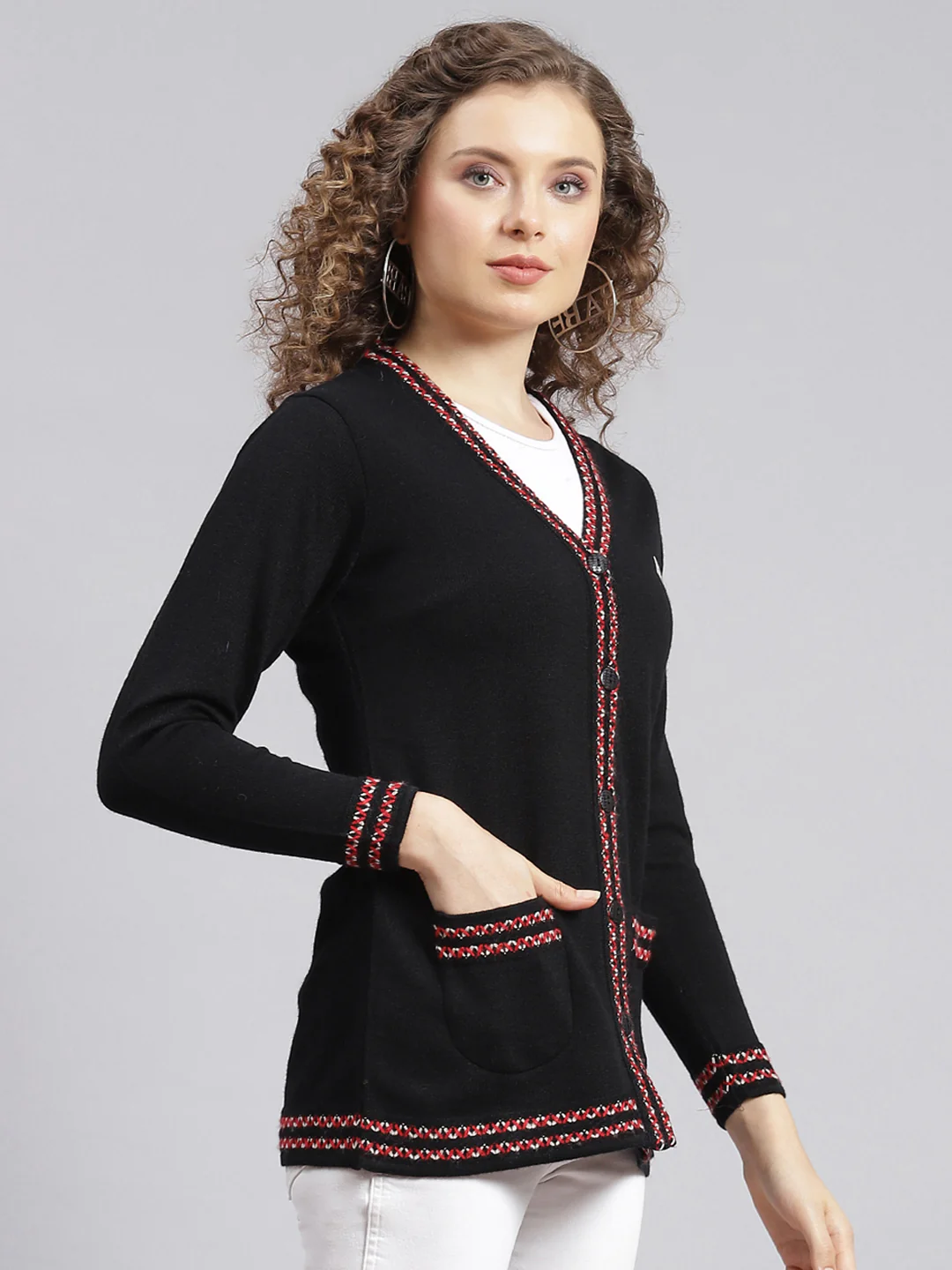 Women Black Solid Wool blend Cardigan - Image 2