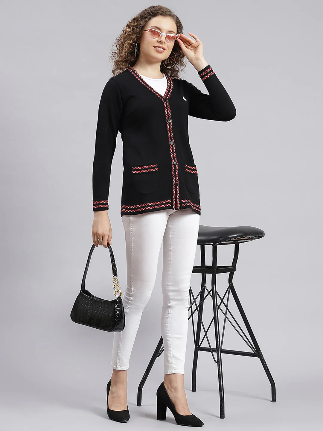 Women Black Solid Wool blend Cardigan - Image 5
