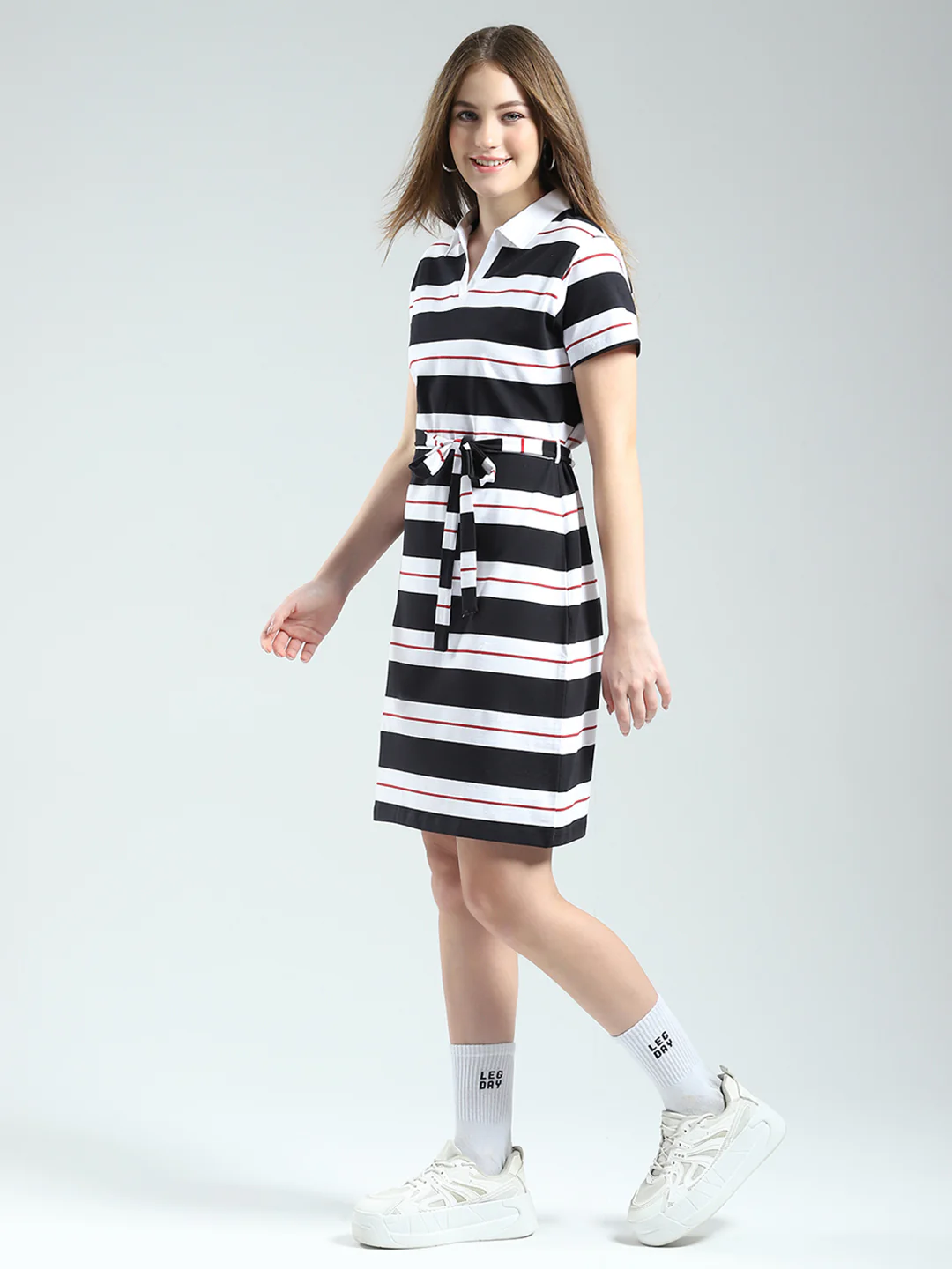 Women Black Stripe Collar Half Sleeve Dress - Image 3