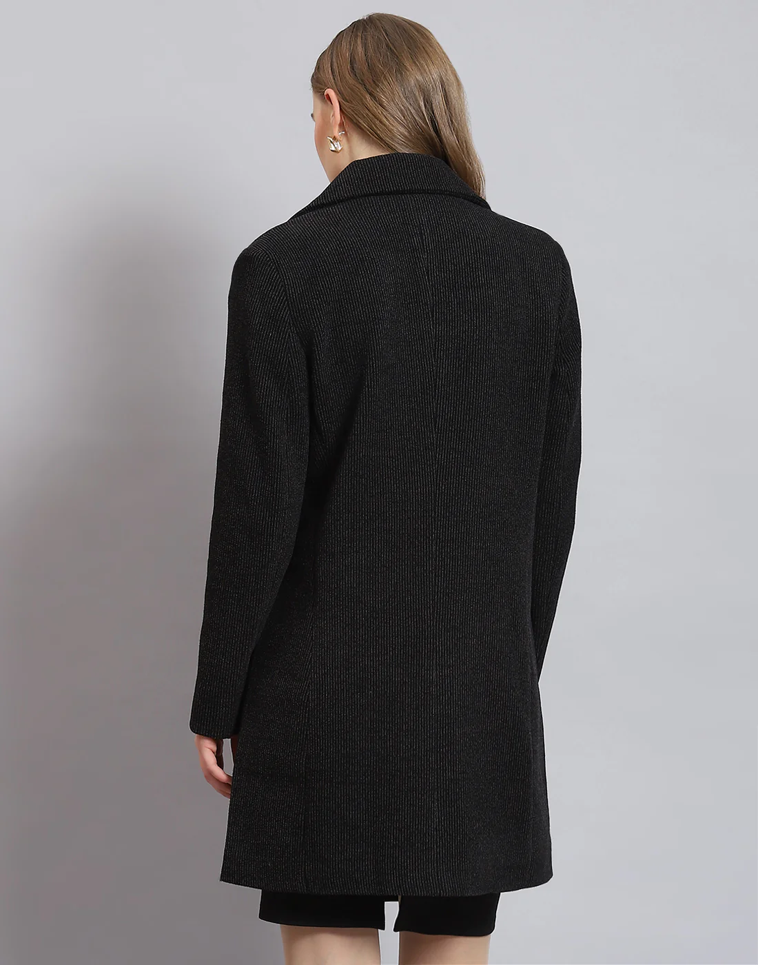 Women Black Stripe Lapel Collar Full Sleeve Coat - Image 5