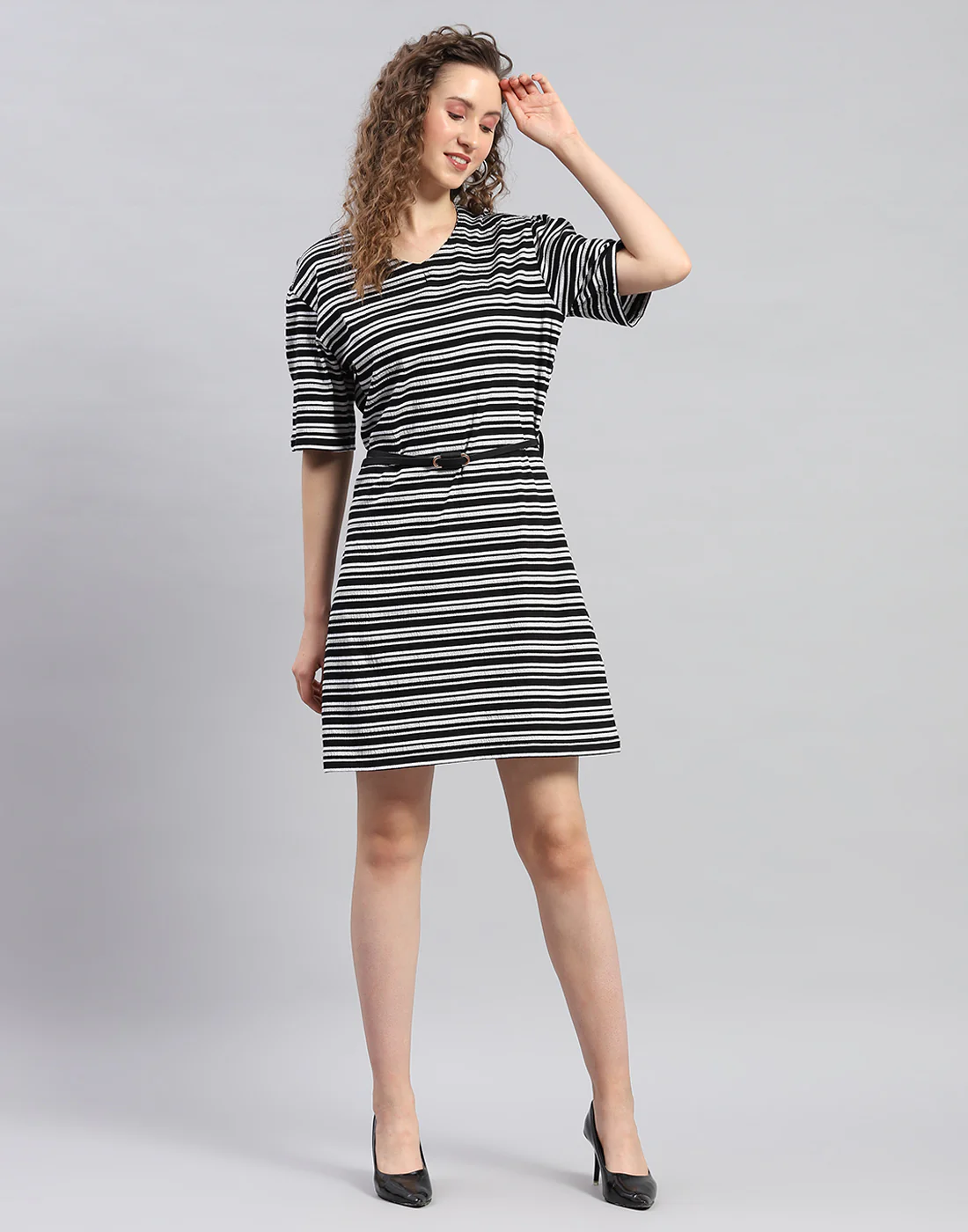 Women Black Stripe Round Neck 3/4 Sleeve Dress - Image 3