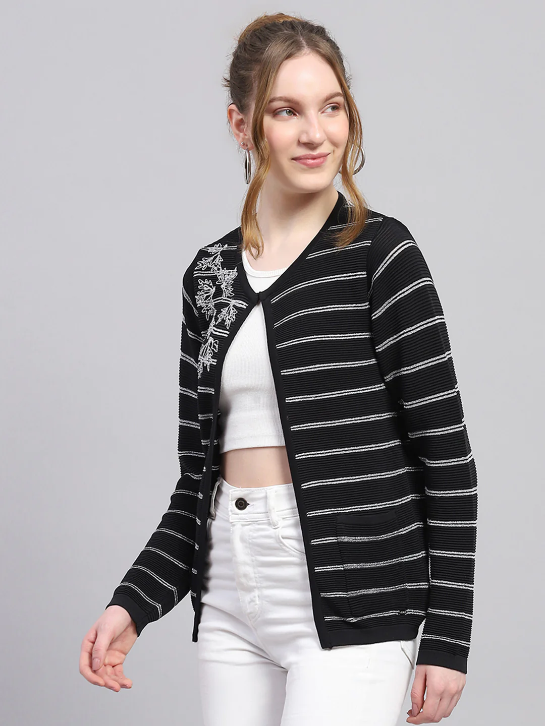 Women Black Stripe Round Neck Full Sleeve Cardigan - Image 3