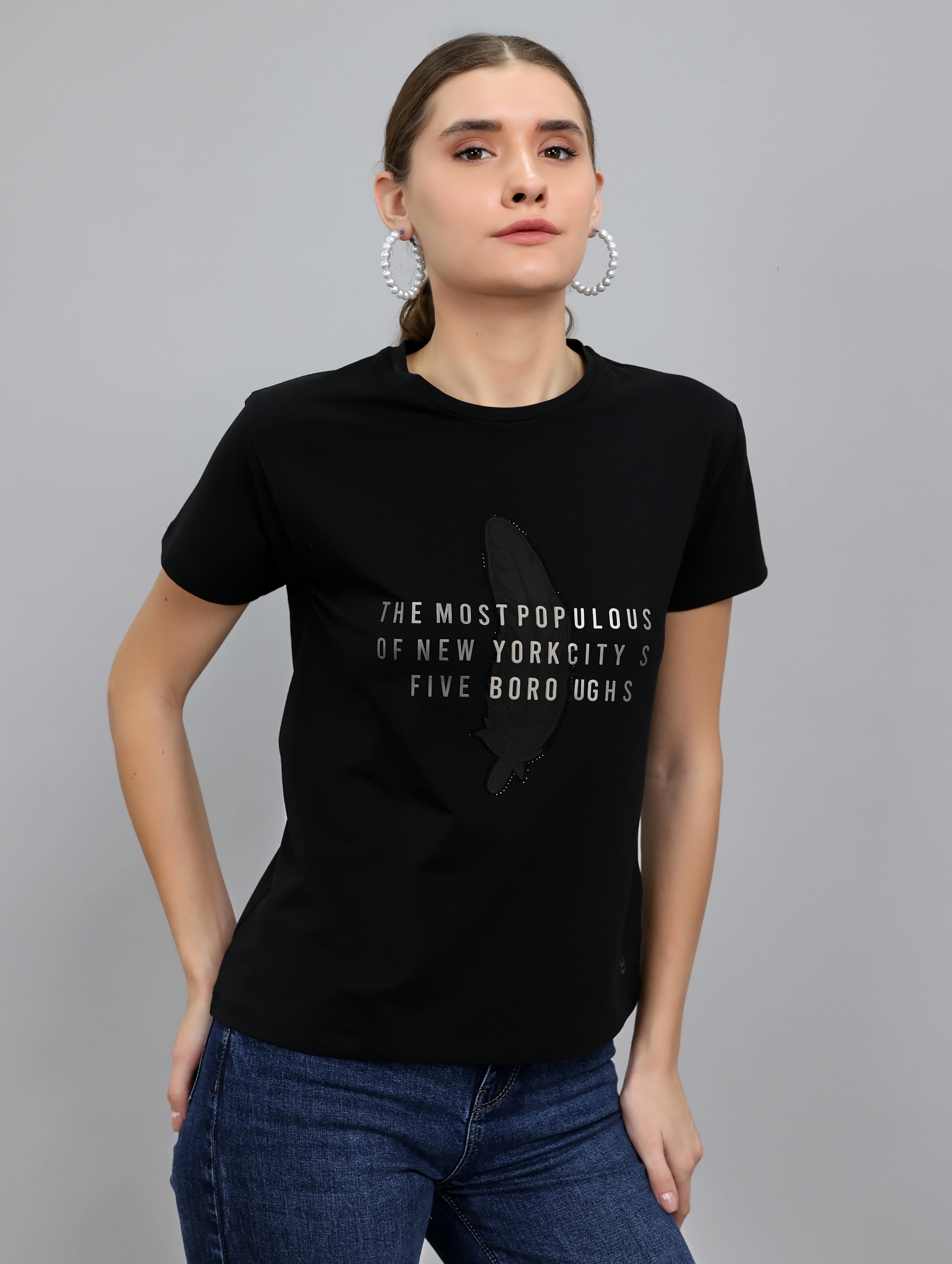 Women Black Typographic Round Neck Half Sleeve Top - Image 3