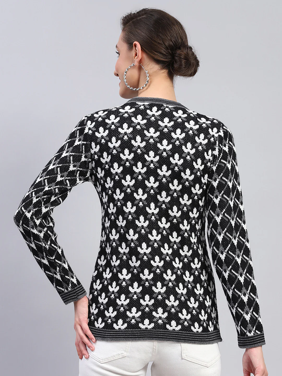 Women Black & White Self Design Round Neck Full Sleeve Cardigan - Image 5