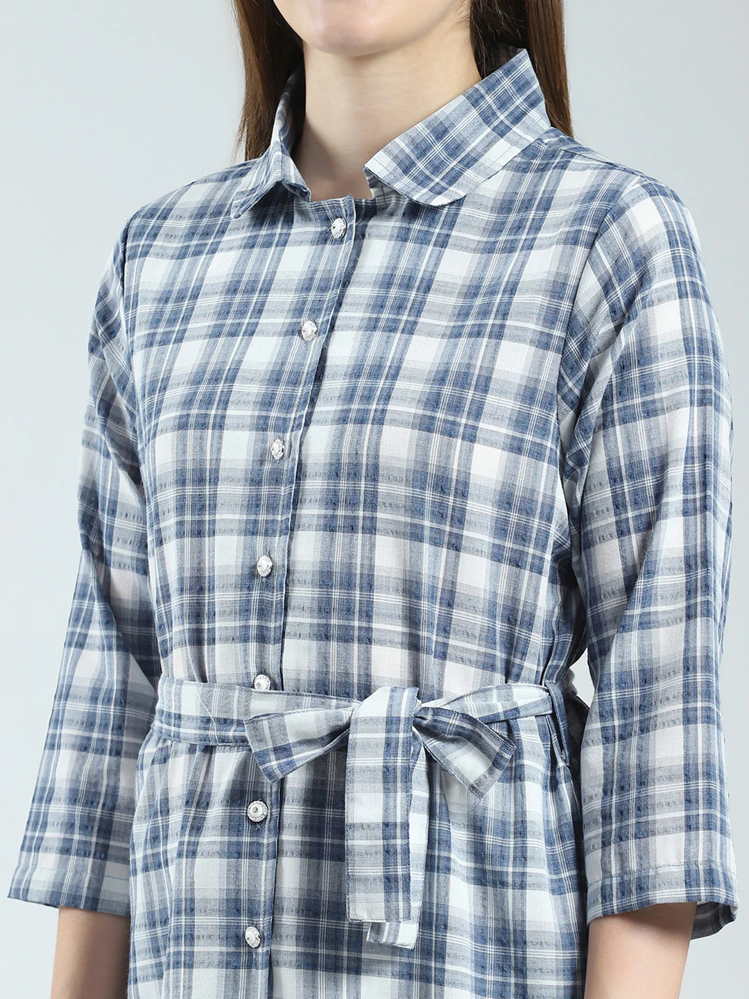 Women Blue Check Collar 3/4th Sleeve Tunic - Image 6