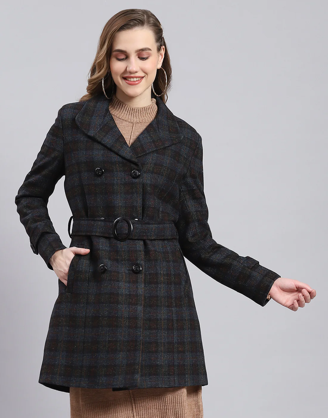 Women Blue Check Collar Full Sleeve Coat - Image 2