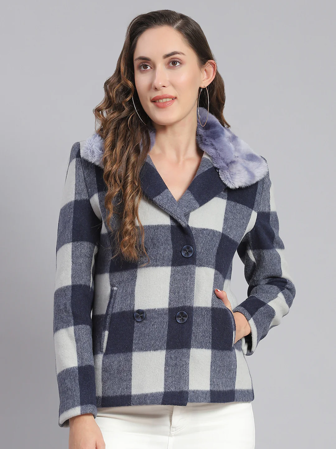 Women Blue Check Collar Full Sleeve Coats - Image 2