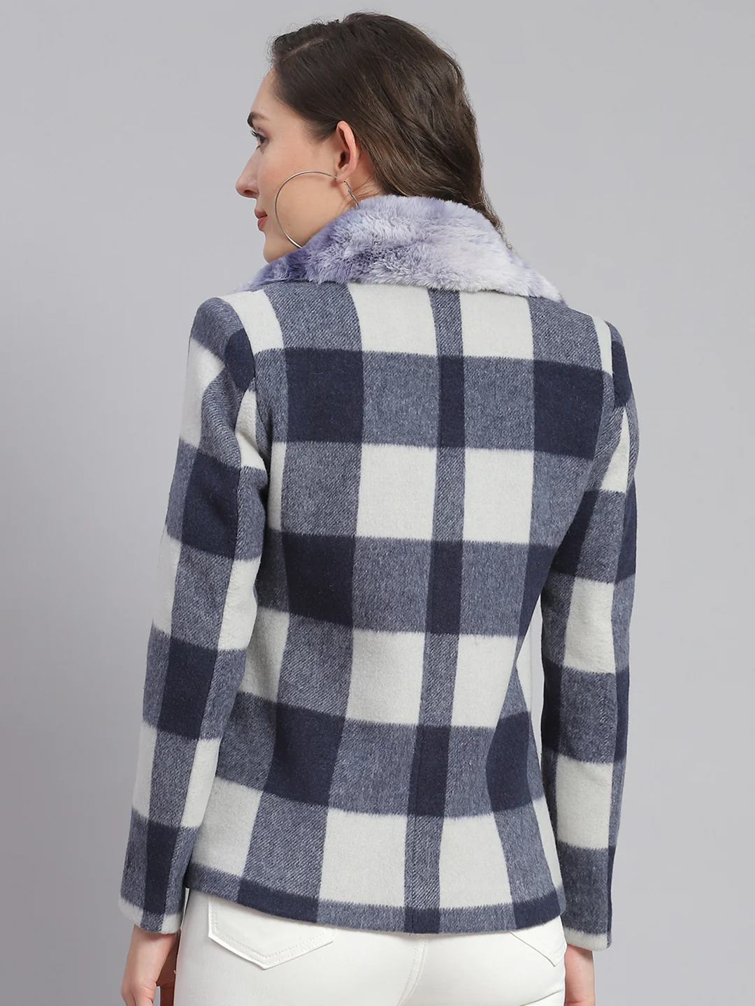 Women Blue Check Collar Full Sleeve Coats - Image 5
