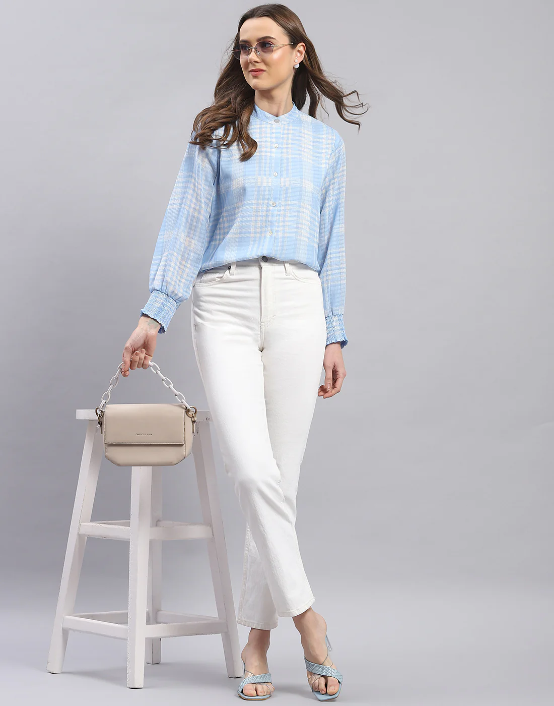 Women Blue Check Mandarin Collar Full Sleeve Top - Image 2