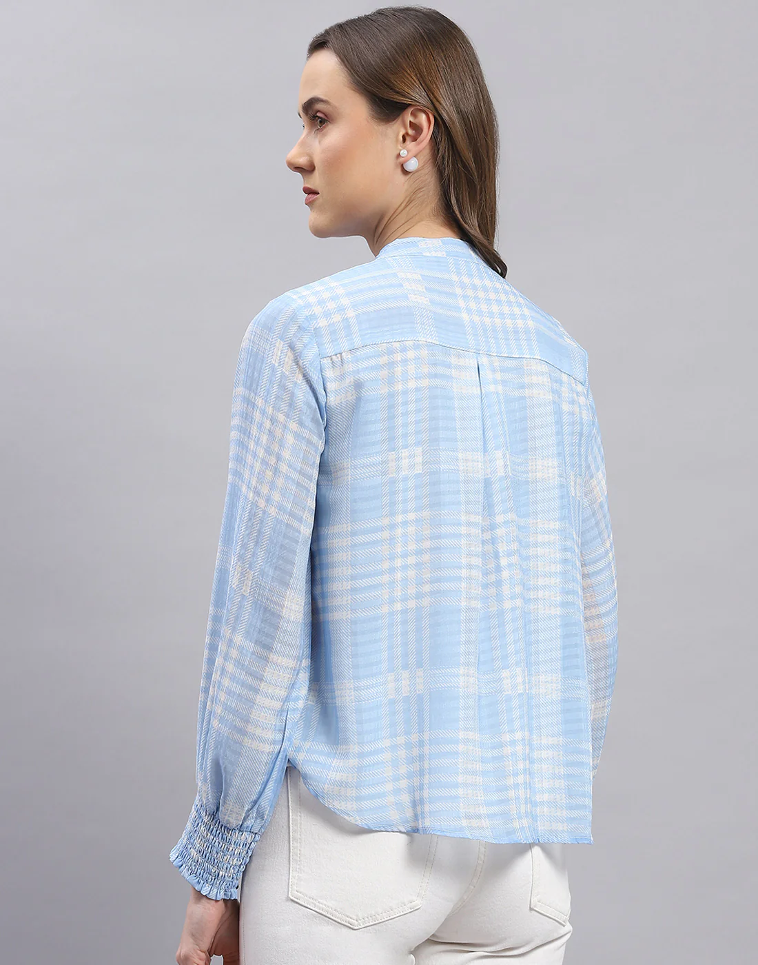 Women Blue Check Mandarin Collar Full Sleeve Top - Image 5