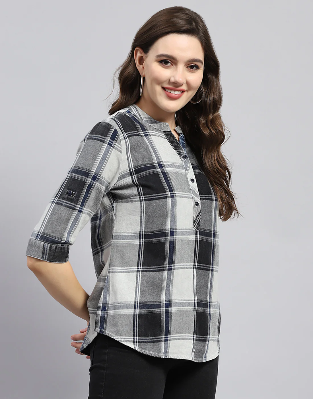Women Blue Check Mandarin Neck Half Sleeve Top - Image 4