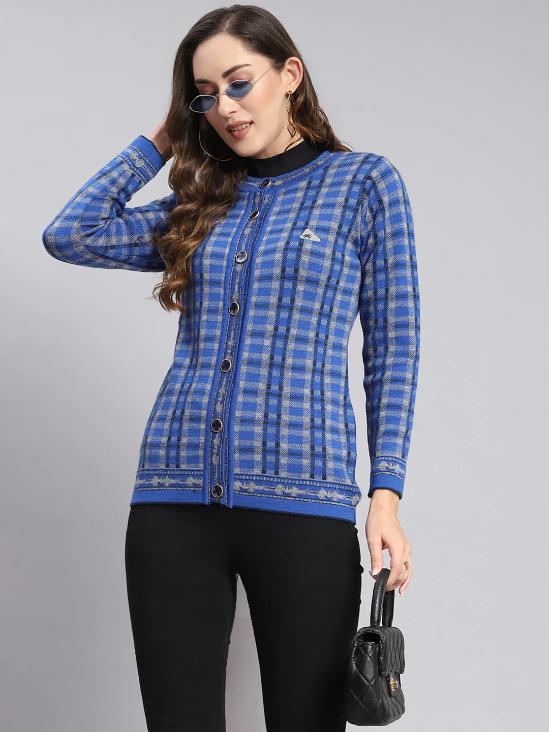 Women Blue Check Round Neck Full Sleeve Cardigans - Image 2