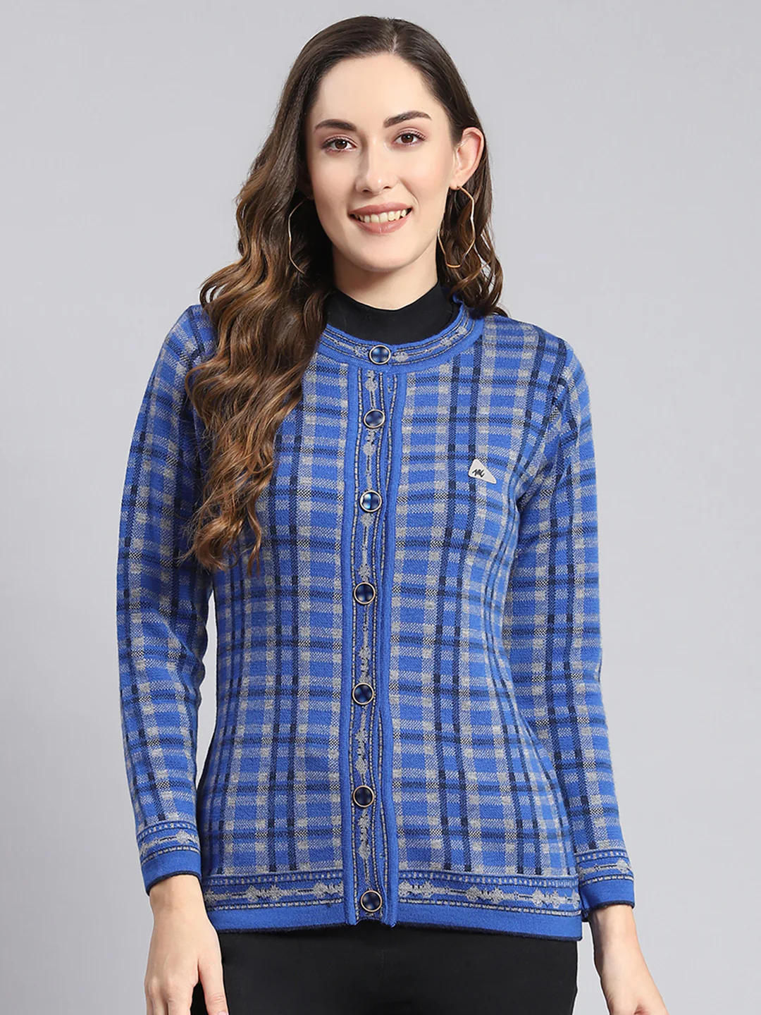 Women Blue Check Round Neck Full Sleeve Cardigans - Image 3