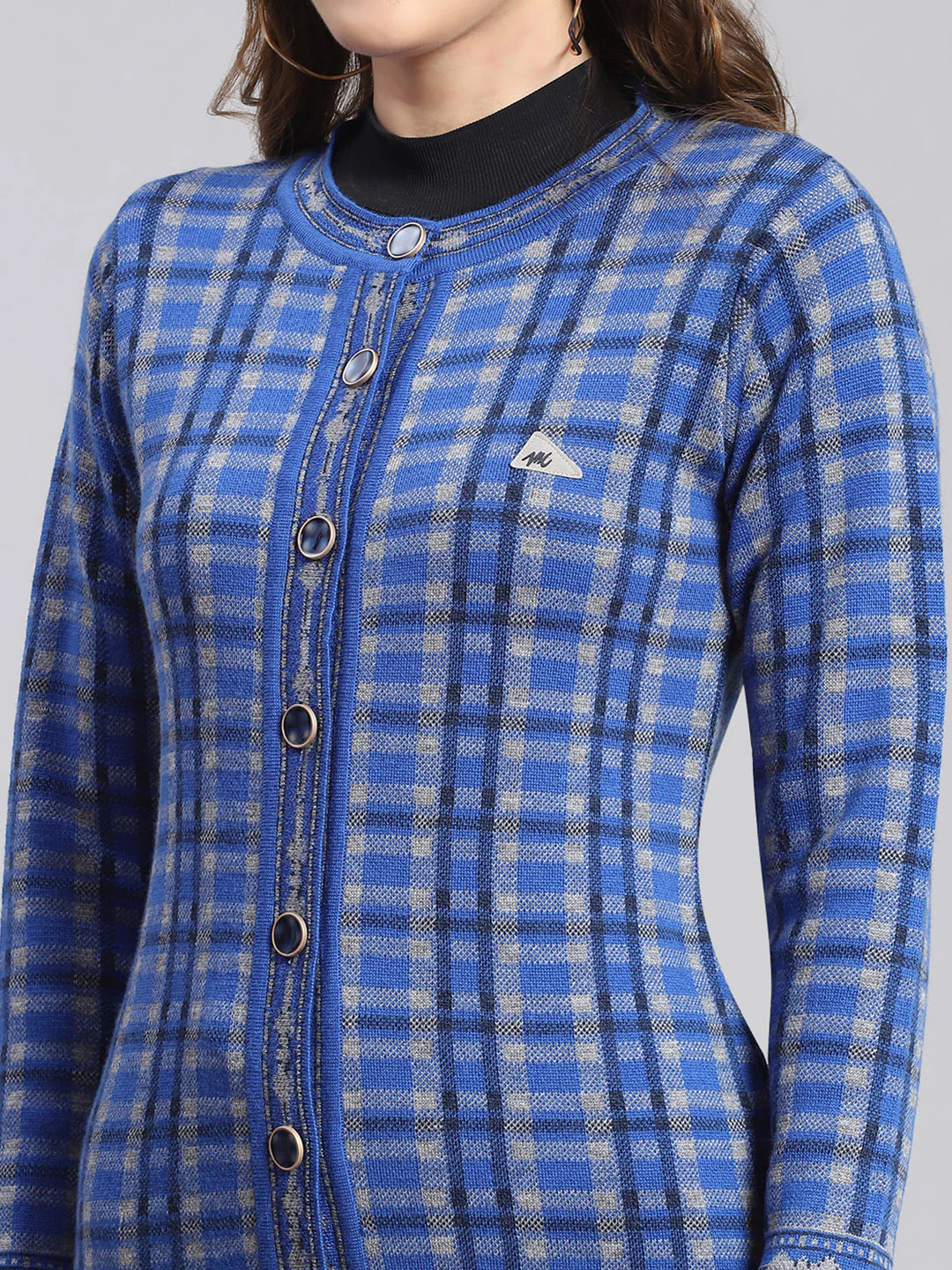 Women Blue Check Round Neck Full Sleeve Cardigans - Image 7