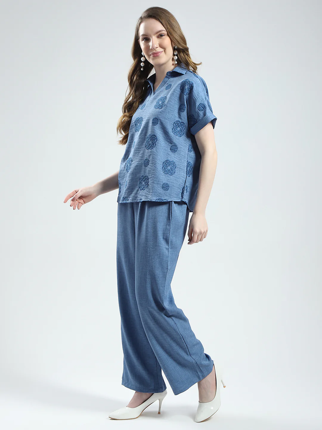 Women Blue Embroidered Collar Half Sleeve Cords Set - Image 5