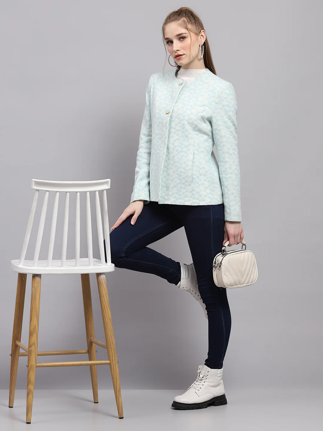 Women Blue Embroidered Round Neck Full Sleeve Coat - Image 2