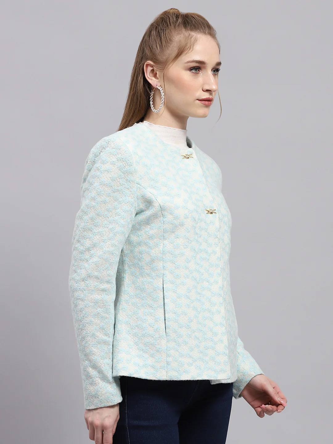 Women Blue Embroidered Round Neck Full Sleeve Coat - Image 4
