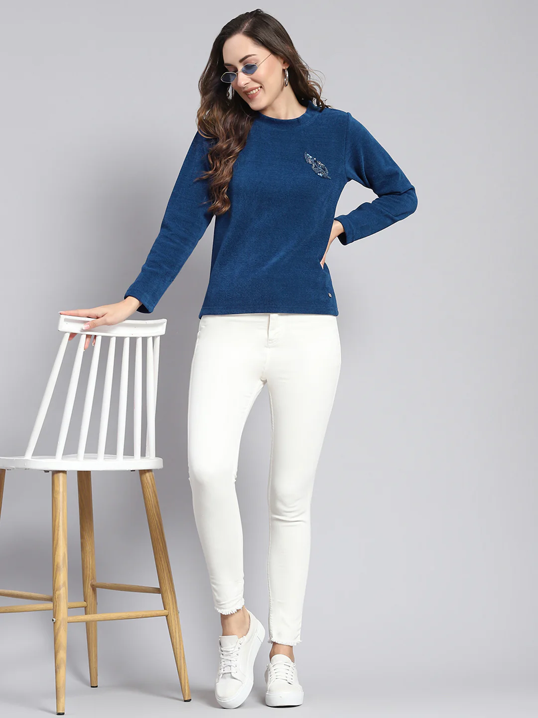 Women Blue Embroidered Round Neck Full Sleeve Sweater - Image 3