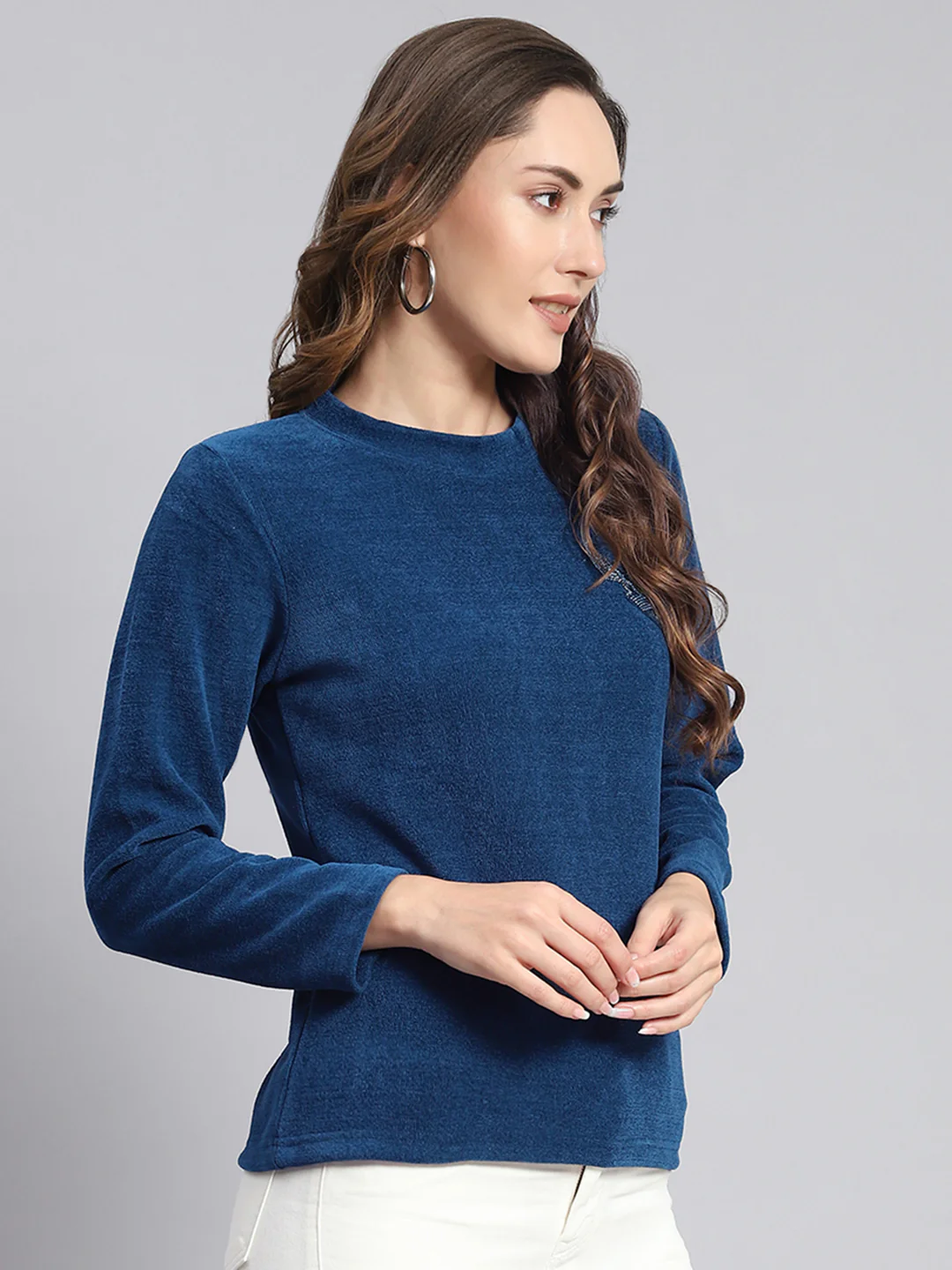 Women Blue Embroidered Round Neck Full Sleeve Sweater - Image 6