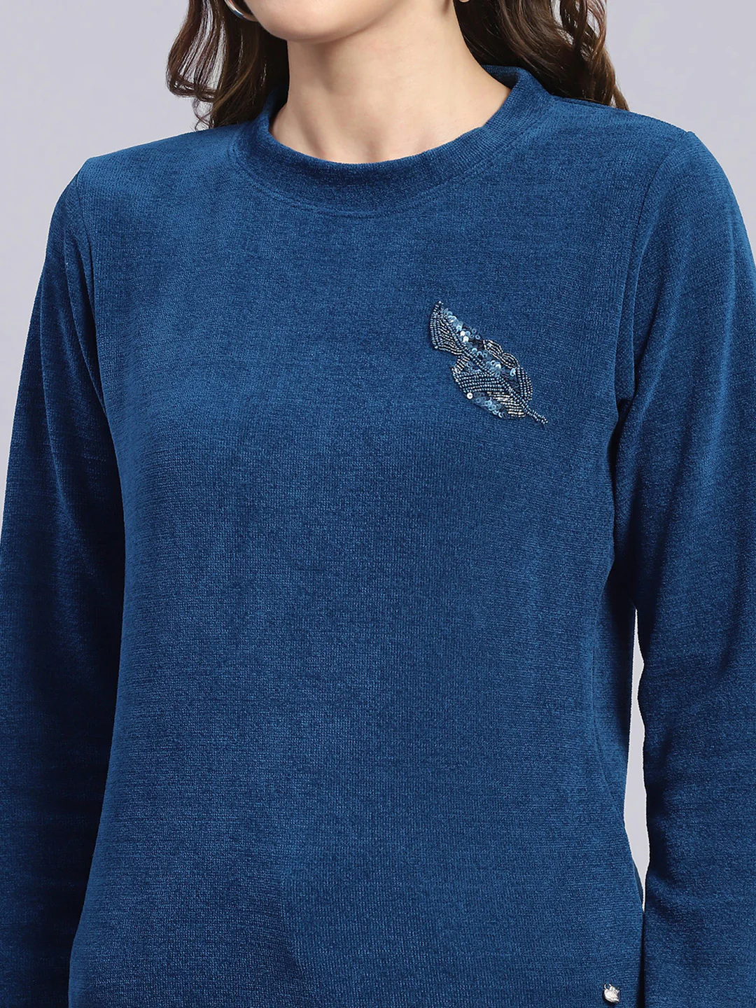 Women Blue Embroidered Round Neck Full Sleeve Sweater - Image 7