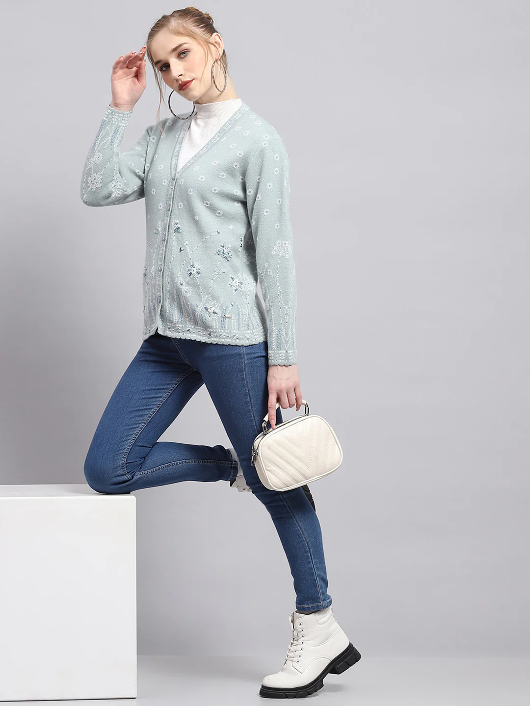 Women Blue Embroidered V Neck Full Sleeve Cardigan - Image 2