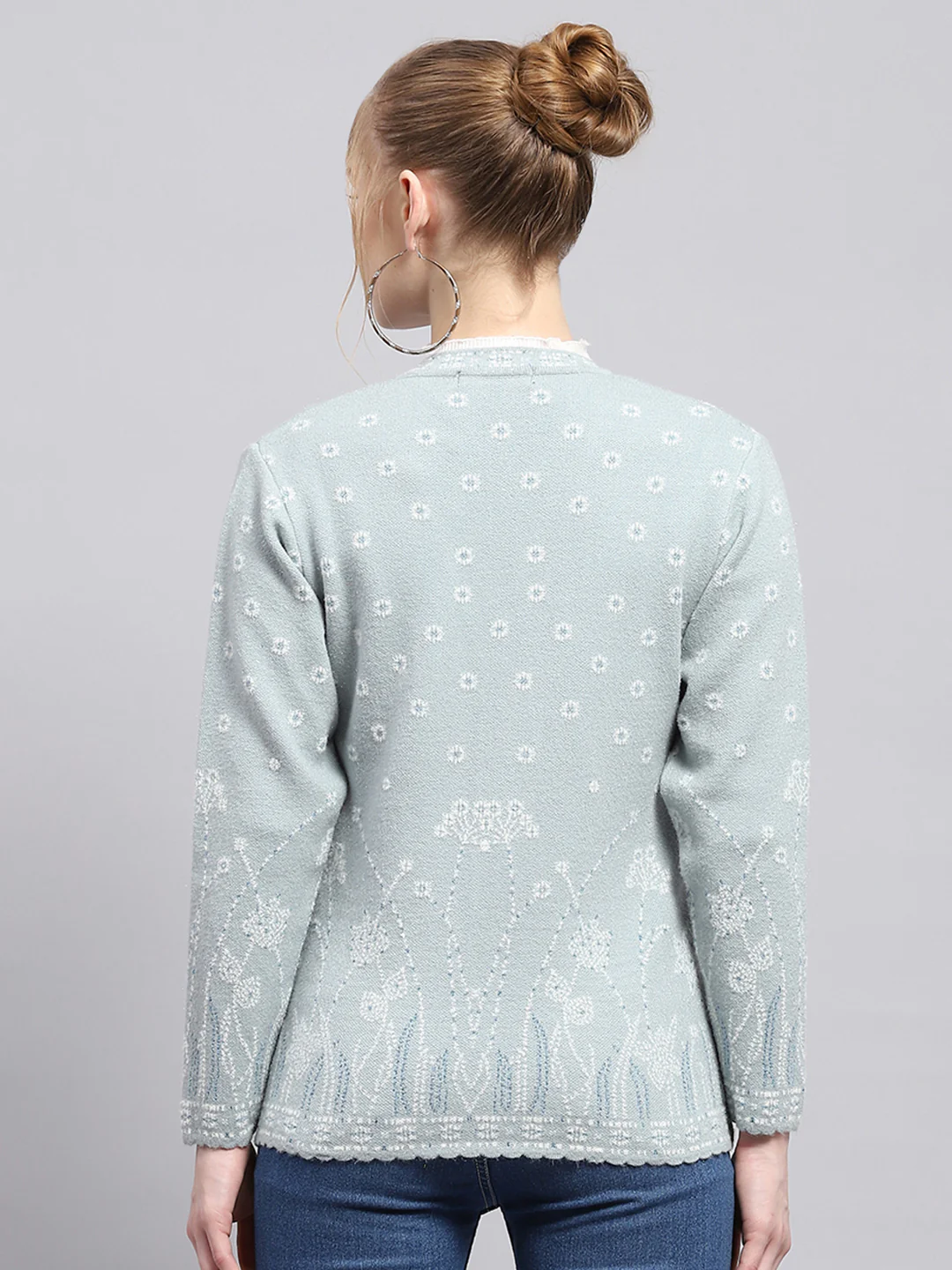Women Blue Embroidered V Neck Full Sleeve Cardigan - Image 5