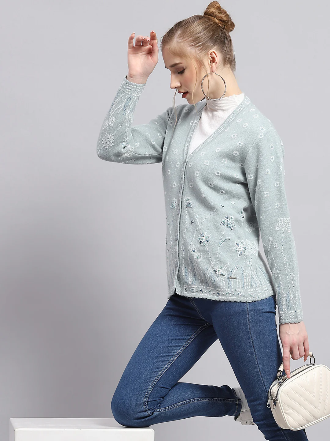 Women Blue Embroidered V Neck Full Sleeve Cardigan - Image 6