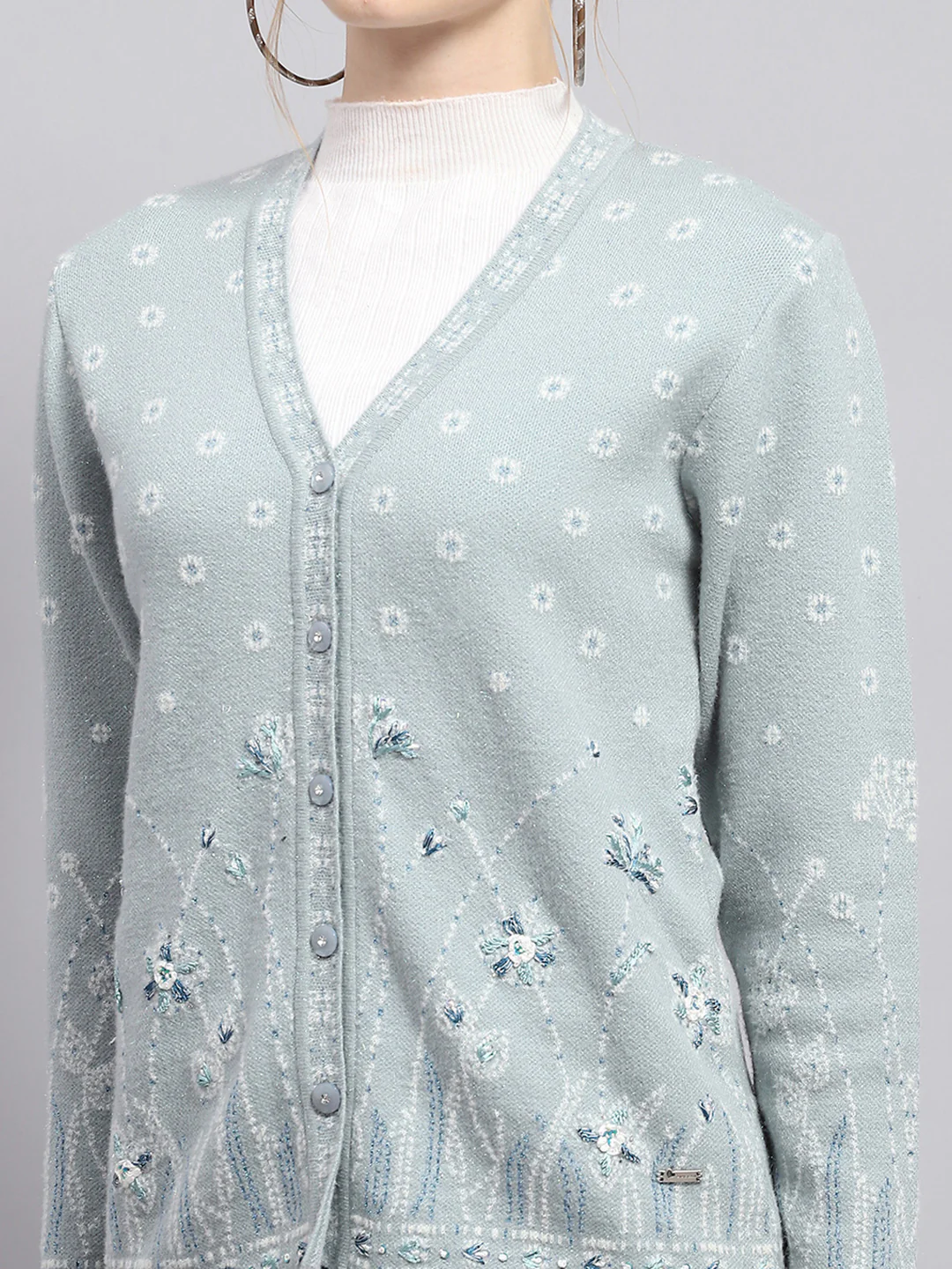 Women Blue Embroidered V Neck Full Sleeve Cardigan - Image 7