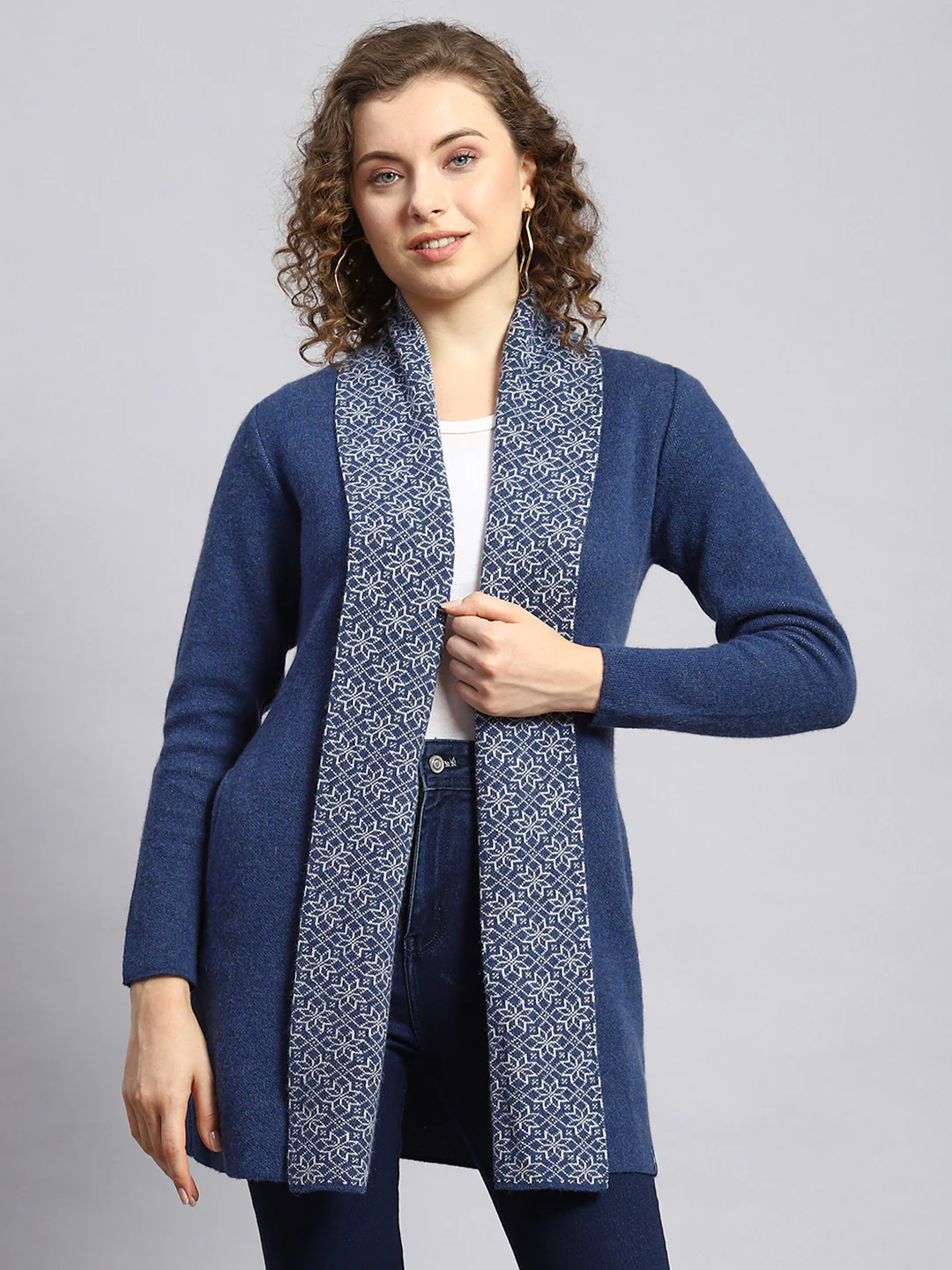 Women Blue Jaquard Cardigan - Image 2