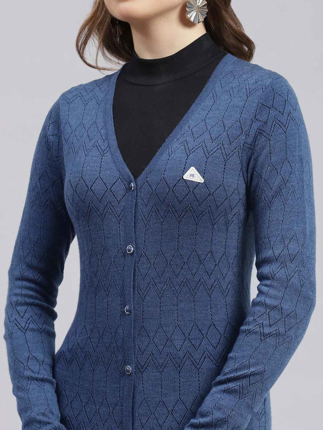 Women Blue Jaquard Wool blend Cardigan - Image 6