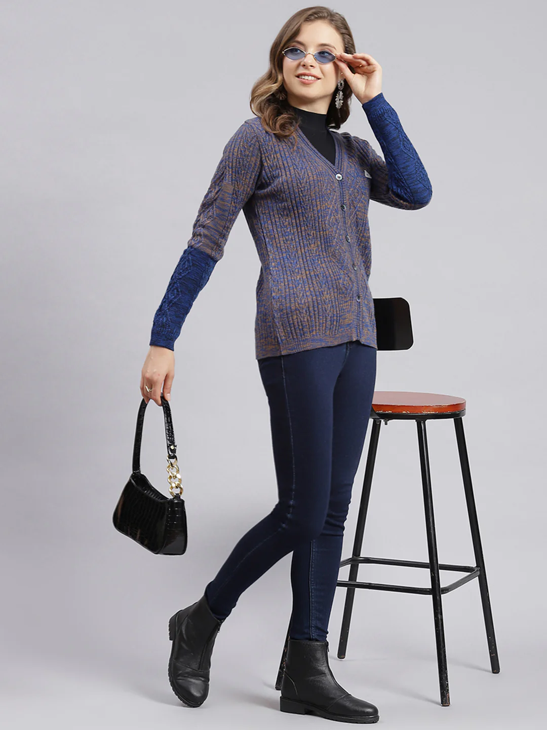Women Blue Jaquard Wool blend Cardigan - Image 5