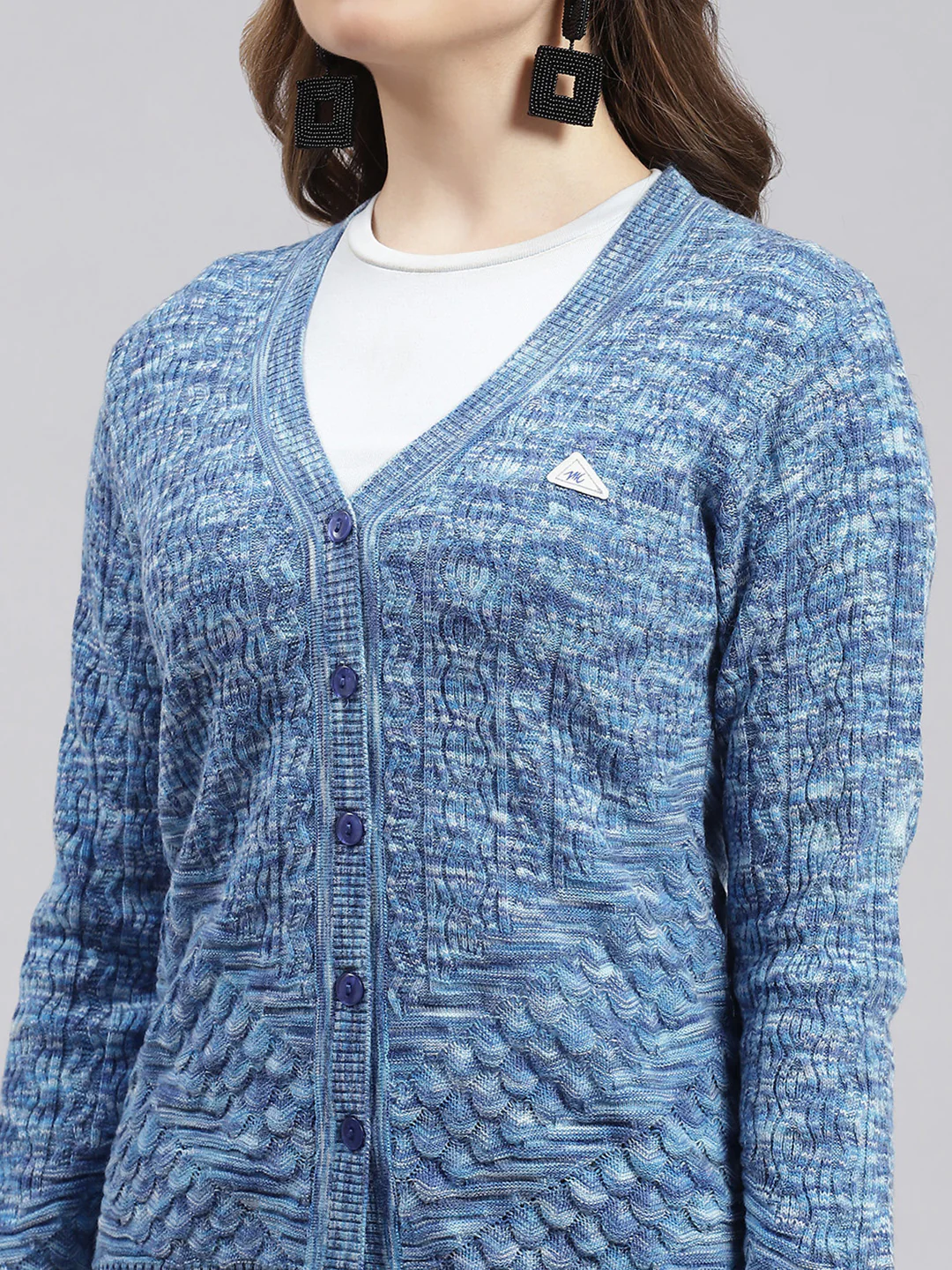 Women Blue Jaquard Wool blend Cardigan - Image 6