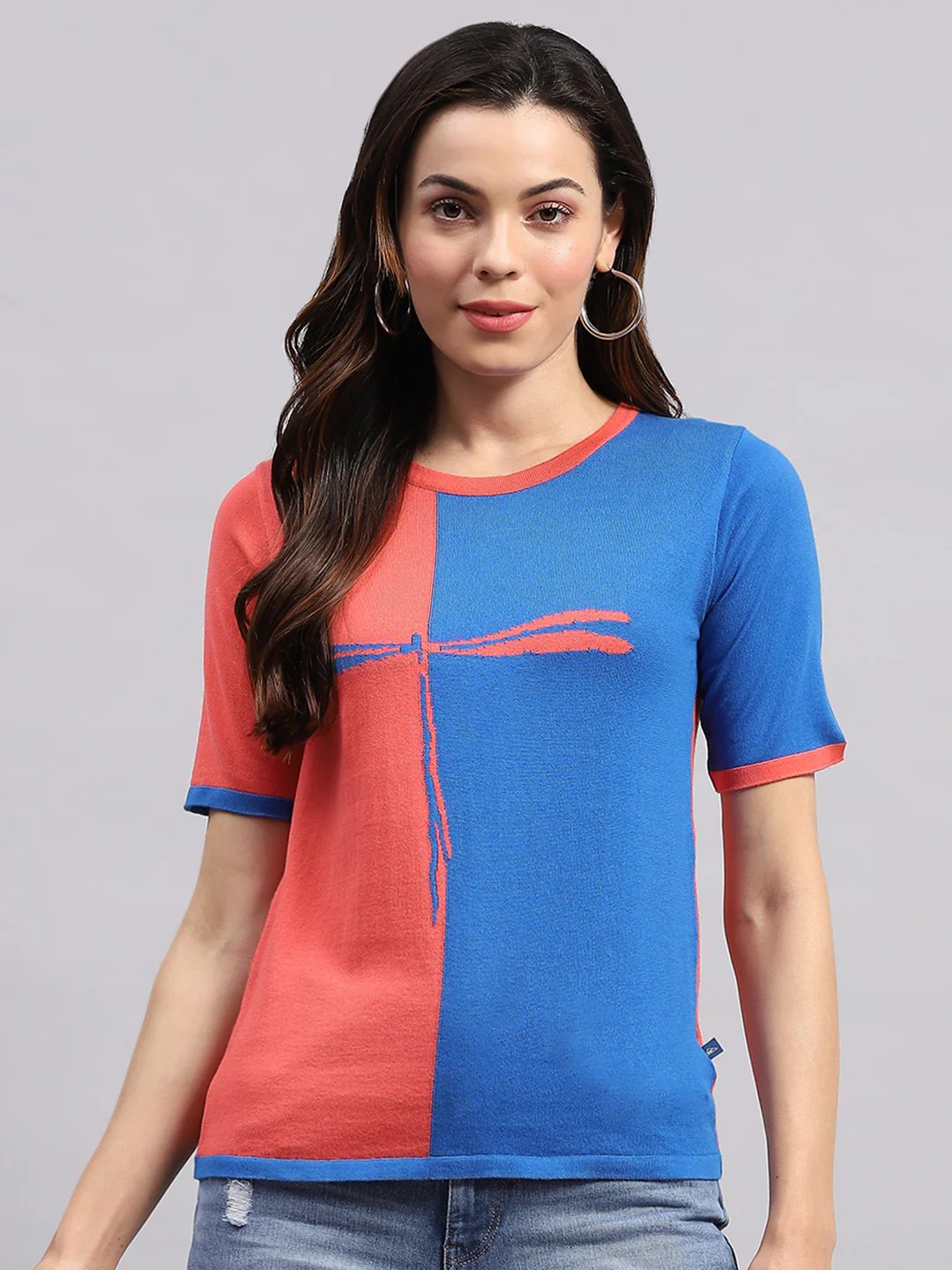 Women Blue & Pink Printed Round Neck Half Sleeve Top - Image 2