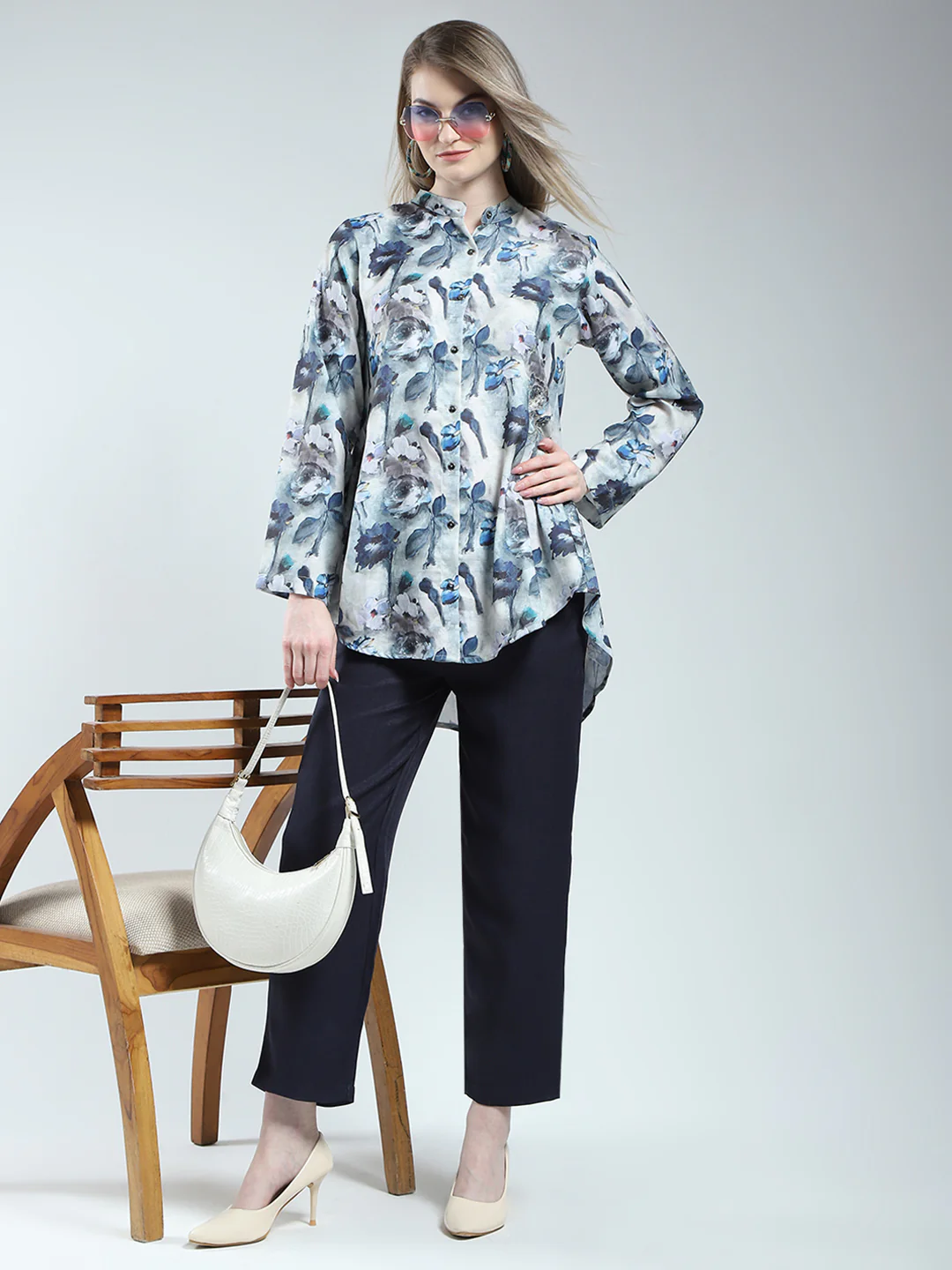 Women Blue Printed Band Neck Full Sleeve Cords Set - Image 2